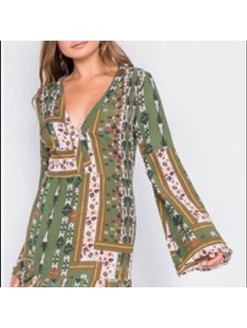 Altar’d State Olive Floral Boho Long Bell Sleeve Maxi Dress Size M